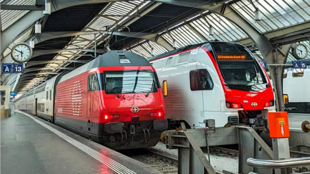 Swiss train platform and mountain railway route