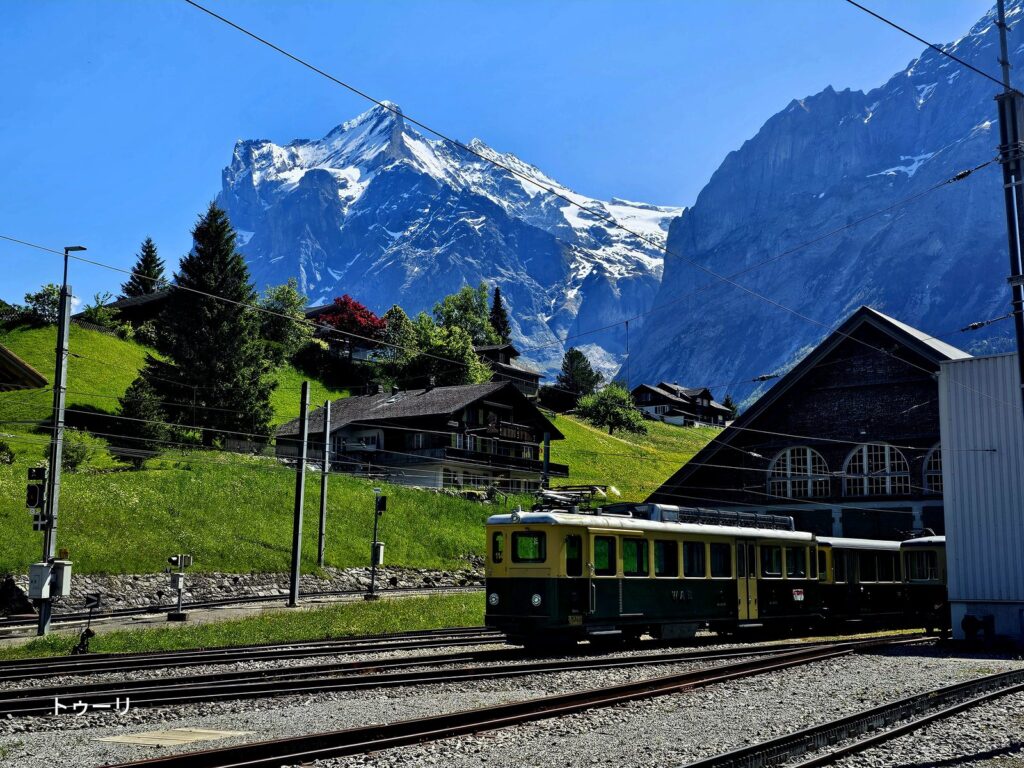 スイスの登山鉄道ウェンゲルンアルプ鉄道(WAB)の黄色と緑の車両がグリンデルワルトの高原を走る様子