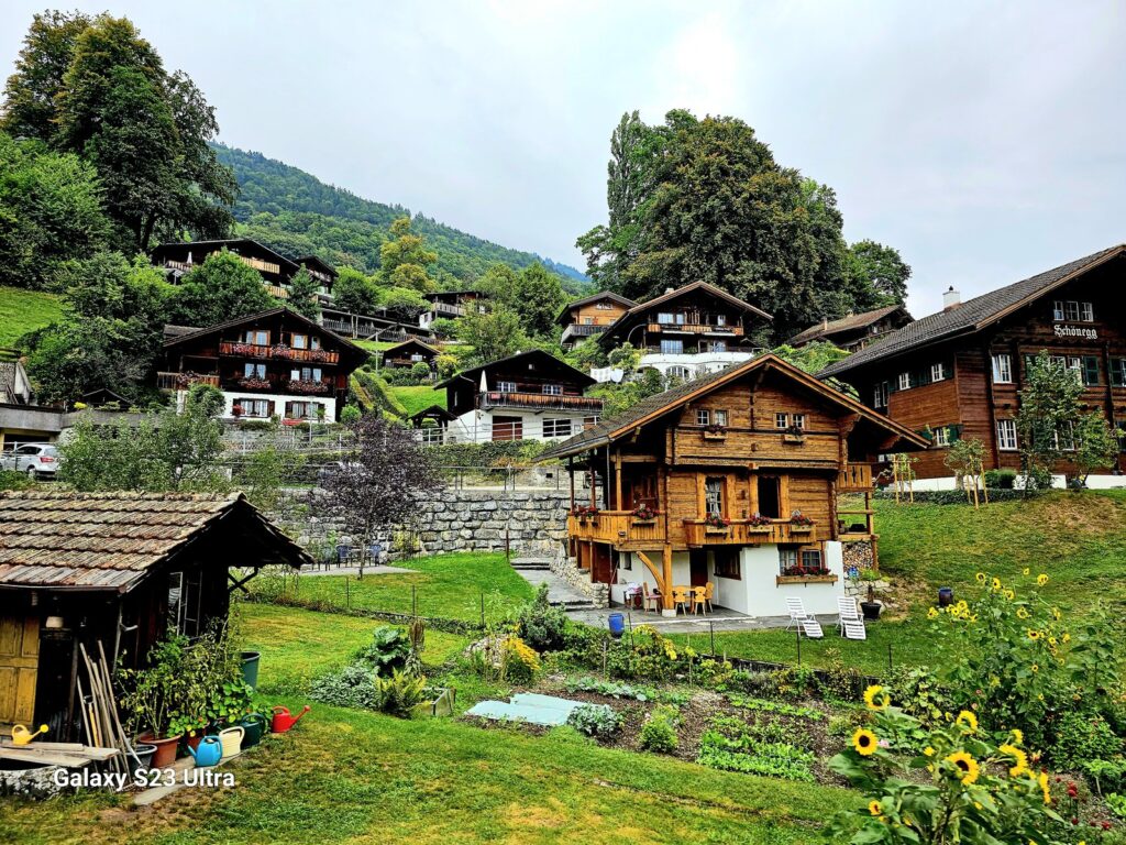 スイス・ブリエンツ渓谷の伝統的な木造シャレー(コテージ)が並ぶ丘陵風景。山岳リゾートの宿泊イメージ