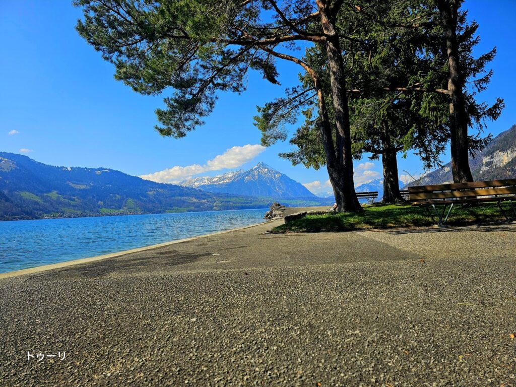インターラーケンの湖畔プロムナードと雪のアルプス山脈。ゆったり滞在型のスイス旅行イメージ