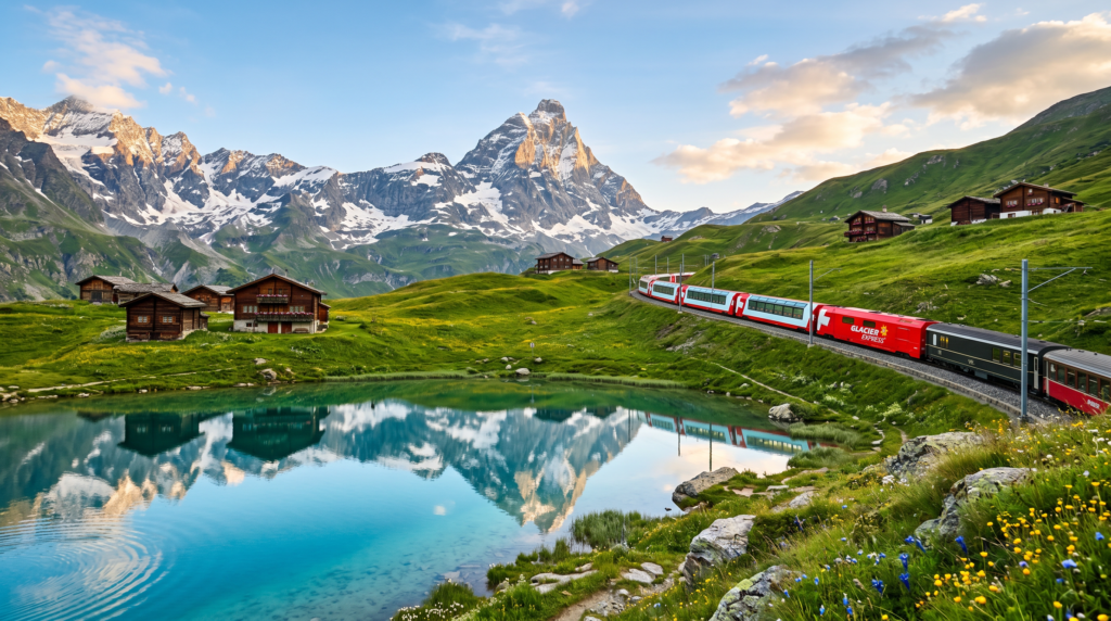 スイス旅行3泊4日の費用を解説する記事のアイキャッチ。アルプスの雪山と湖、赤い登山鉄道のスイス風景